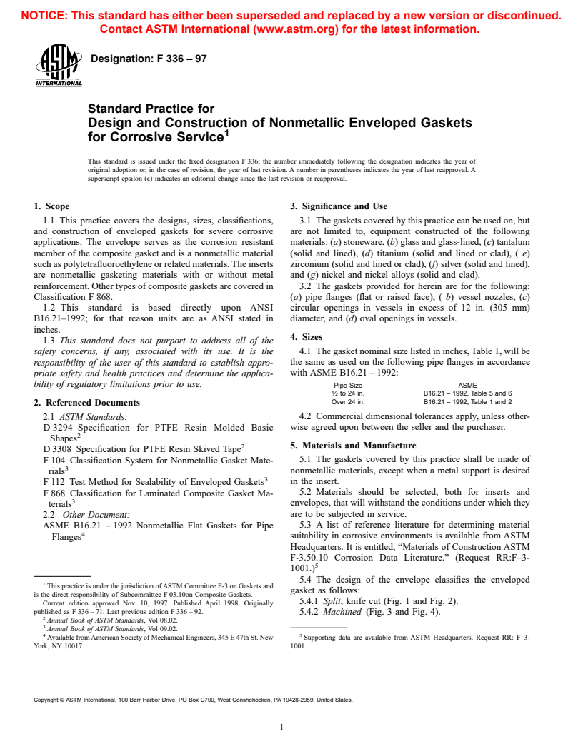 ASTM F336-97 - Standard Practice for Design and Construction of Nonmetallic Enveloped Gaskets for Corrosive Service