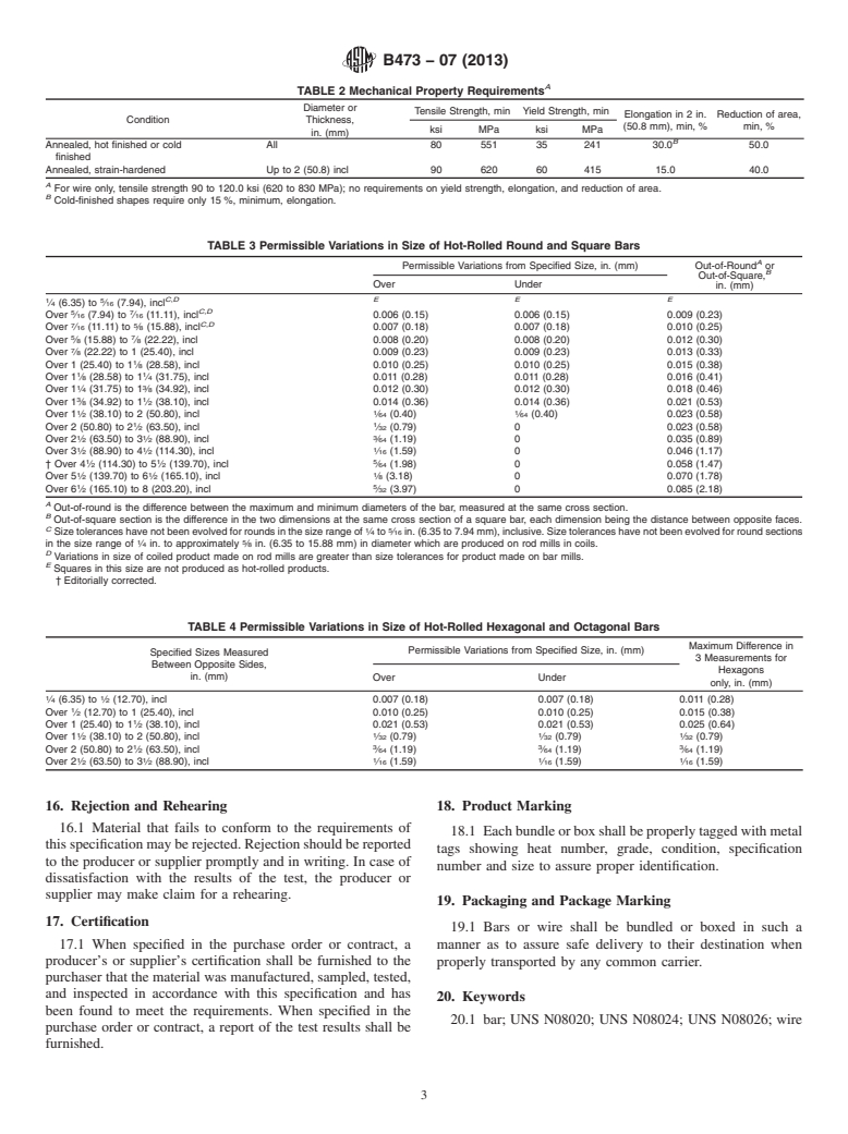 ASTM B473-07(2013) - Standard Specification for UNS N08020, UNS N08024, and UNS N08026 Nickel Alloy Bar and  Wire