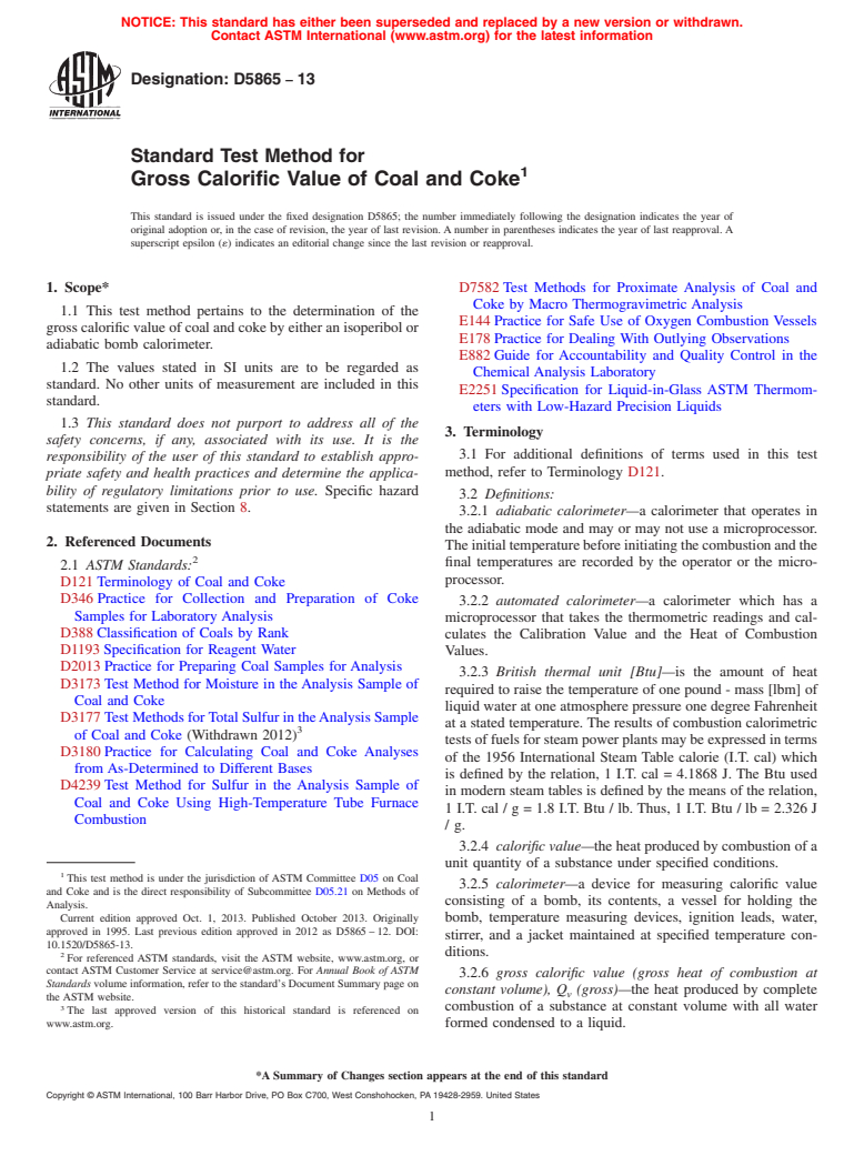 ASTM D5865-13 - Standard Test Method for  Gross Calorific Value of Coal and Coke