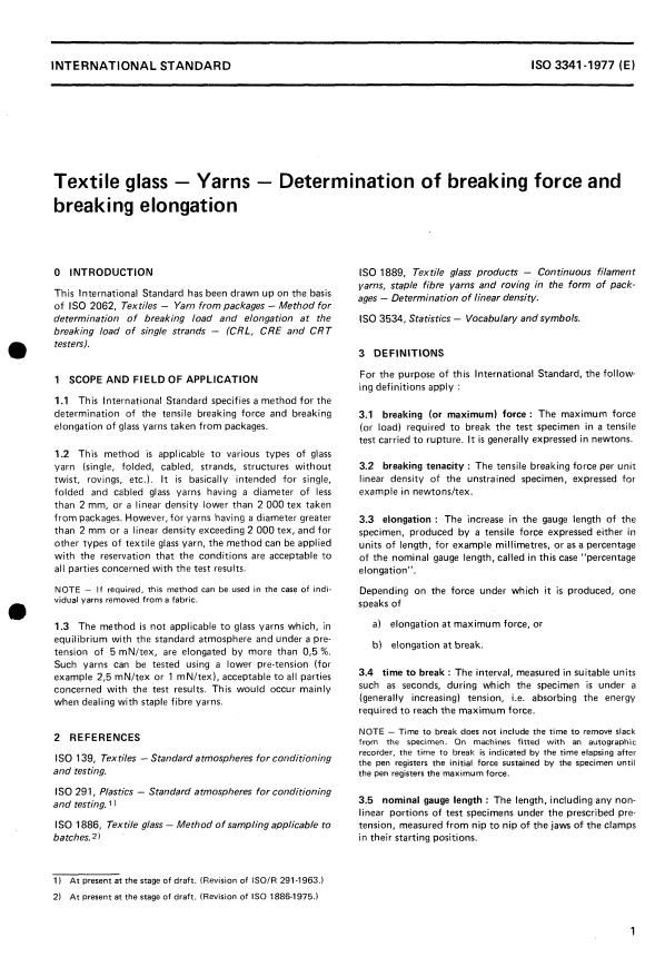 ISO 3341:1977 - Textile glass -- Yarns -- Determination of breaking force and breaking elongation