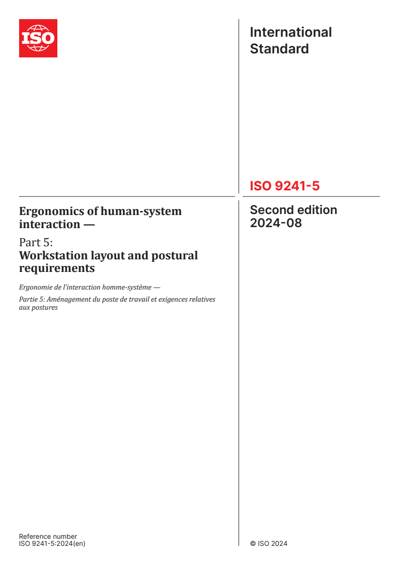 ISO 9241-5:2024 - Ergonomics of human-system interaction — Part 5: Workstation layout and postural requirements
Released:22. 08. 2024