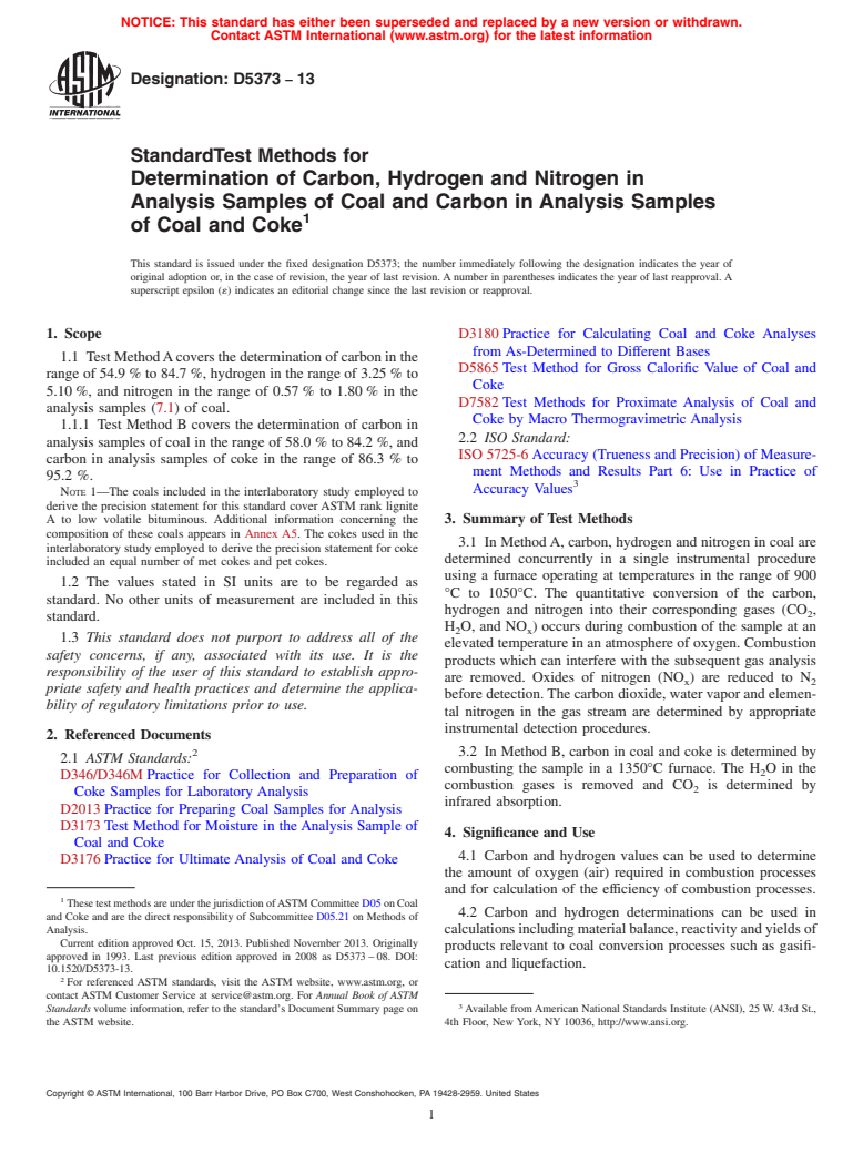 ASTM D5373-13 - Standard Test Methods for  Determination of Carbon, Hydrogen and Nitrogen in Analysis  Samples of Coal and Carbon in Analysis Samples of Coal and Coke