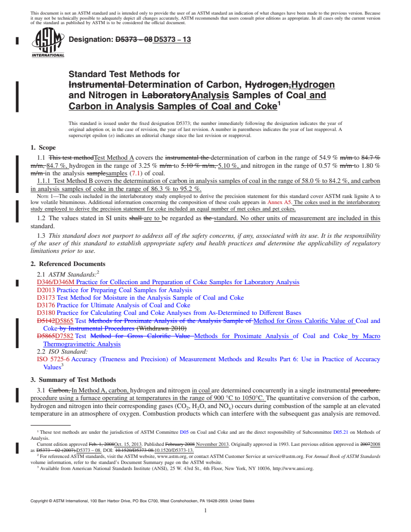 REDLINE ASTM D5373-13 - Standard Test Methods for  Determination of Carbon, Hydrogen and Nitrogen in Analysis  Samples of Coal and Carbon in Analysis Samples of Coal and Coke