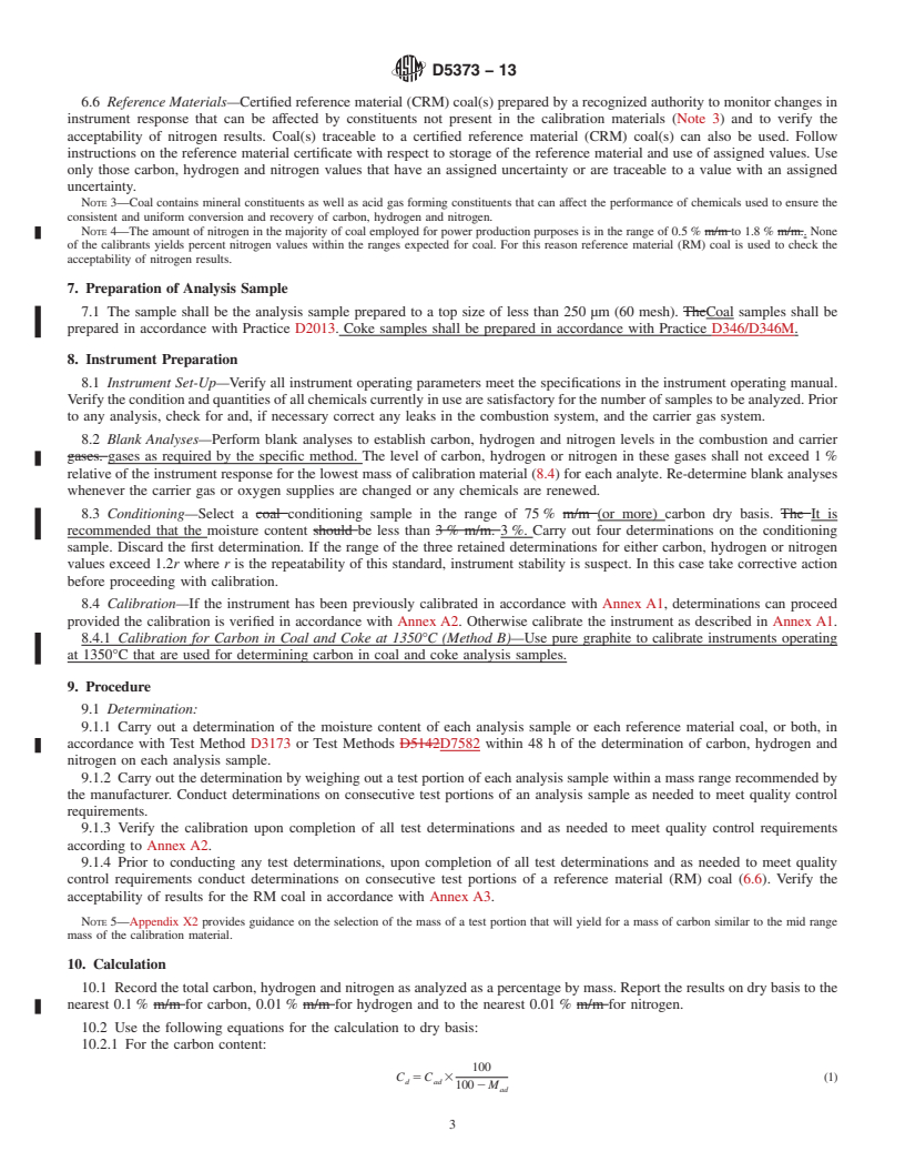 REDLINE ASTM D5373-13 - Standard Test Methods for  Determination of Carbon, Hydrogen and Nitrogen in Analysis  Samples of Coal and Carbon in Analysis Samples of Coal and Coke