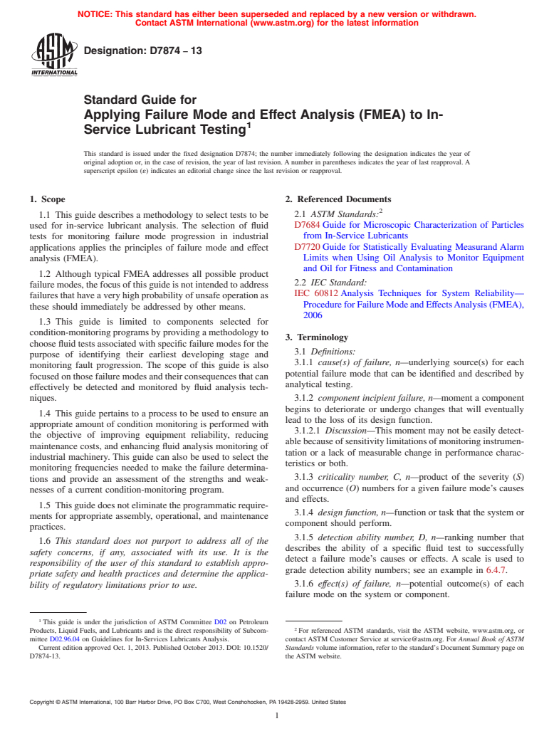 ASTM D7874-13 - Standard Guide for Applying Failure Mode and Effect Analysis (FMEA) to In-Service  Lubricant Testing