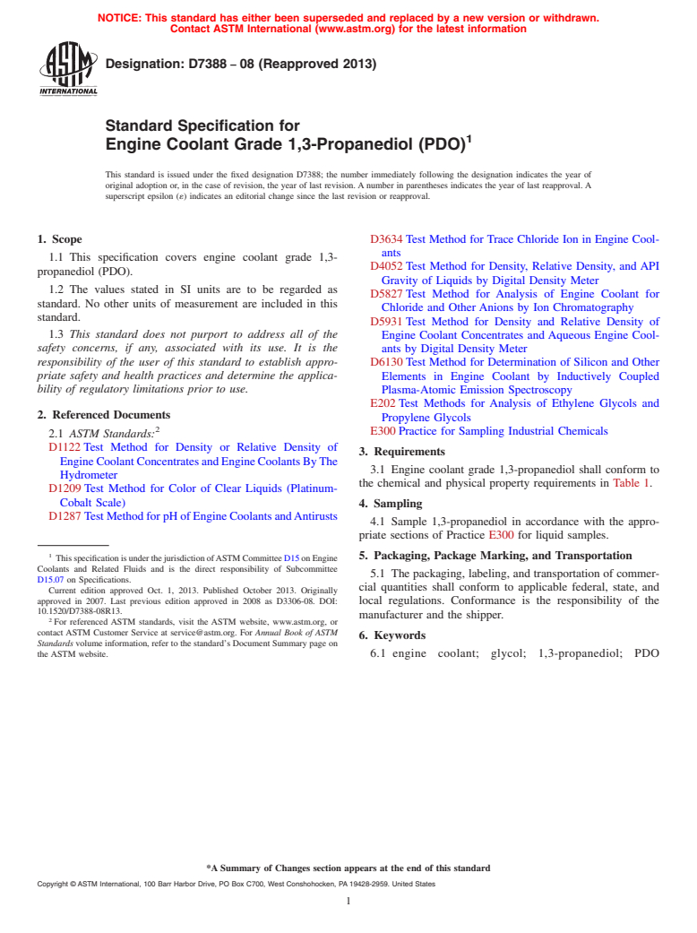 ASTM D7388-08(2013) - Standard Specification for  Engine Coolant Grade 1,3-Propanediol (PDO)