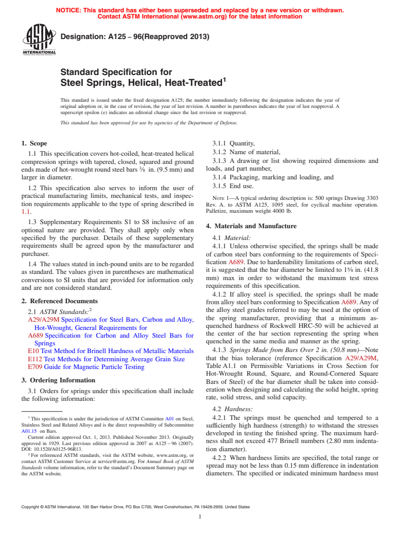 ASTM A125-96(2013) - Standard Specification for  Steel Springs, Helical, Heat-Treated