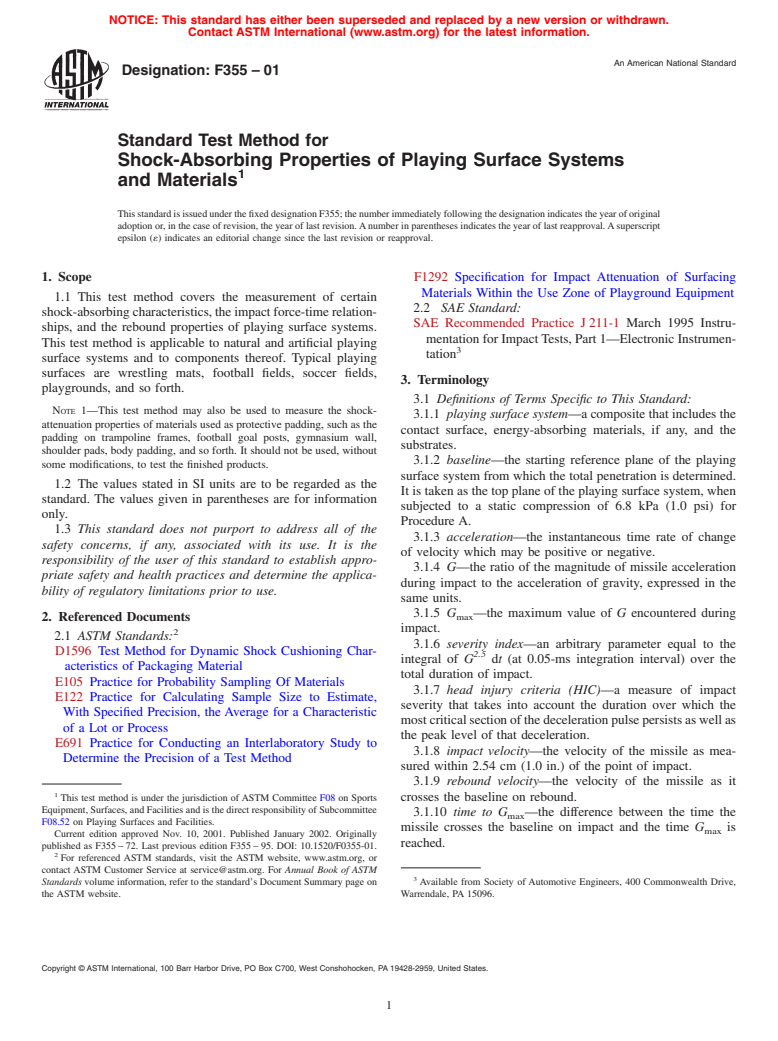 ASTM F355-01 - Standard Test Method for Shock-Absorbing Properties of Playing Surface Systems and Materials