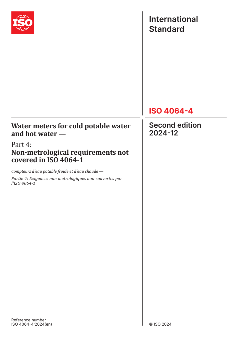 ISO 4064-4:2024 - Water meters for cold potable water and hot water — Part 4: Non-metrological requirements not covered in ISO 4064-1
Released:12/19/2024