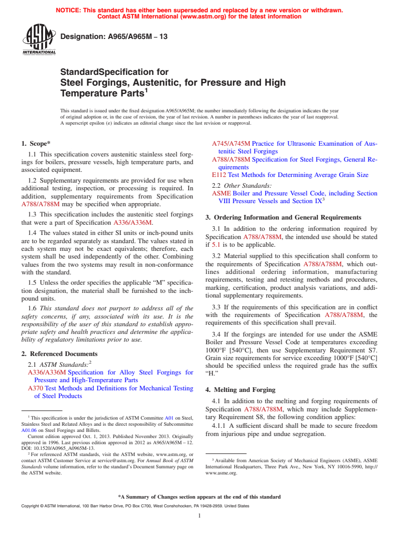 ASTM A965/A965M-13 - Standard Specification for  Steel Forgings, Austenitic, for Pressure and High Temperature   Parts