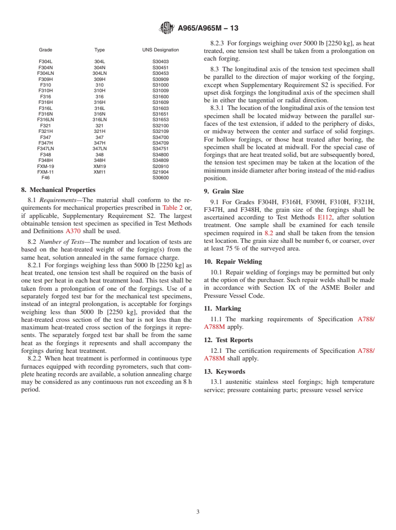 ASTM A965/A965M-13 - Standard Specification for  Steel Forgings, Austenitic, for Pressure and High Temperature   Parts