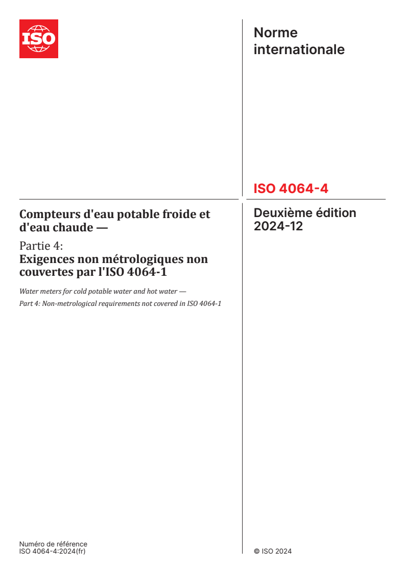 ISO 4064-4:2024 - Compteurs d'eau potable froide et d'eau chaude — Partie 4: Exigences non métrologiques non couvertes par l'ISO 4064-1
Released:12/19/2024