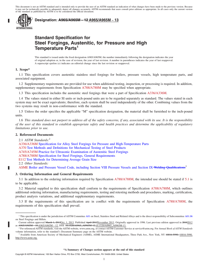 REDLINE ASTM A965/A965M-13 - Standard Specification for  Steel Forgings, Austenitic, for Pressure and High Temperature   Parts