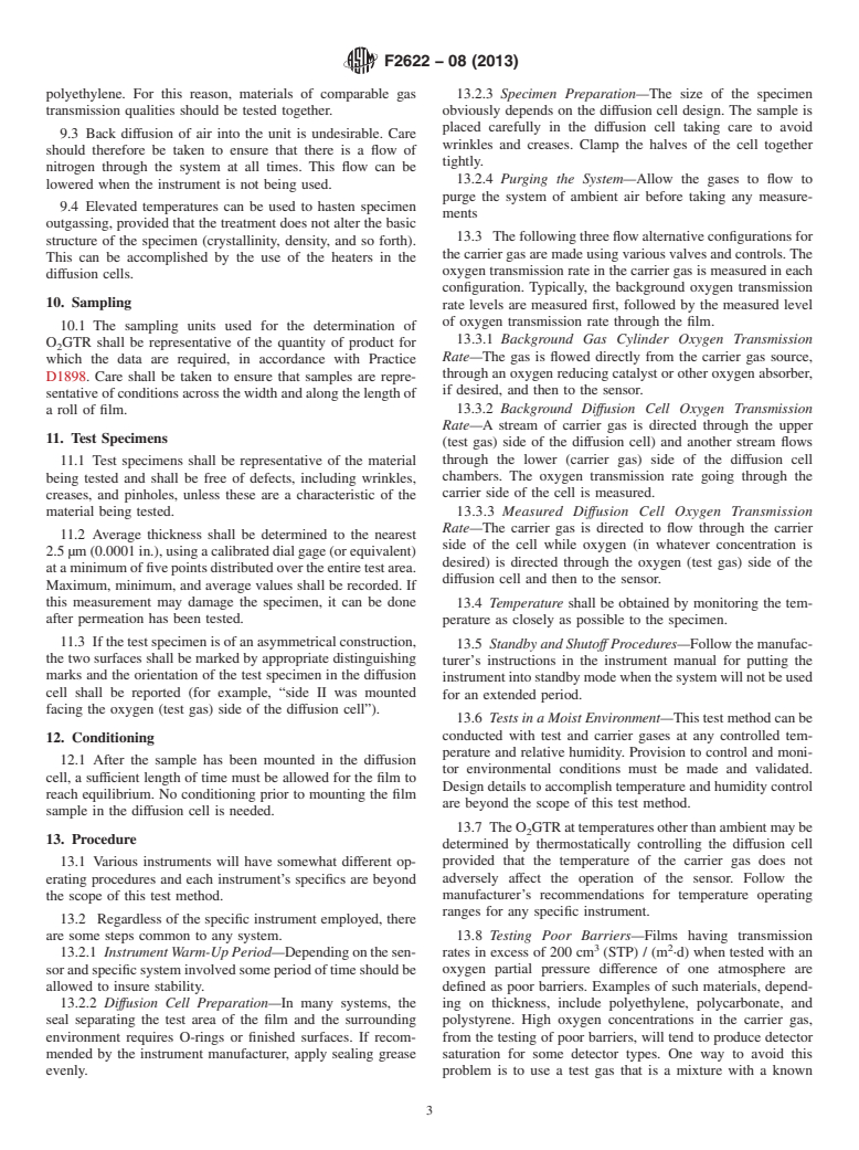 ASTM F2622-08(2013) - Standard Test Method for  Oxygen Gas Transmission Rate Through Plastic Film and Sheeting   Using Various Sensors