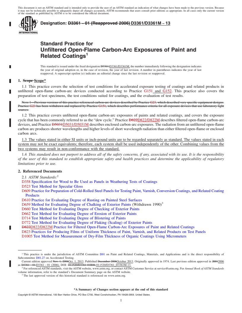 REDLINE ASTM D3361/D3361M-13 - Standard Practice for Unfiltered Open-Flame Carbon-Arc Exposures of Paint and Related Coatings