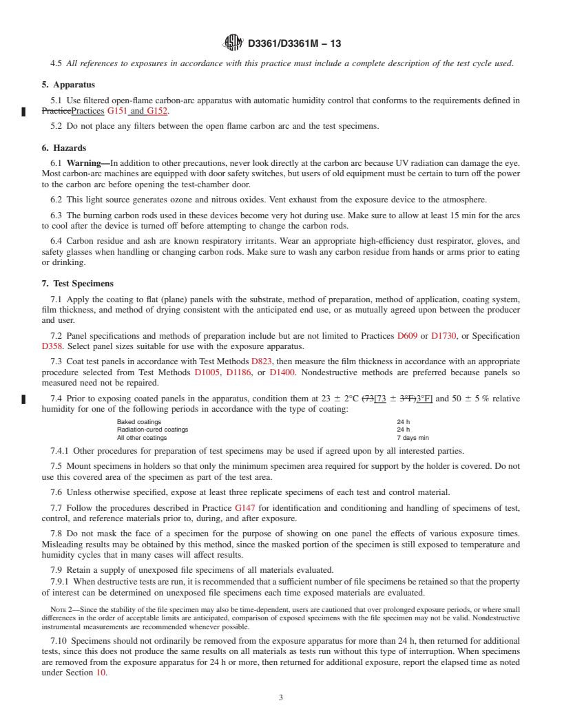 REDLINE ASTM D3361/D3361M-13 - Standard Practice for Unfiltered Open-Flame Carbon-Arc Exposures of Paint and Related Coatings