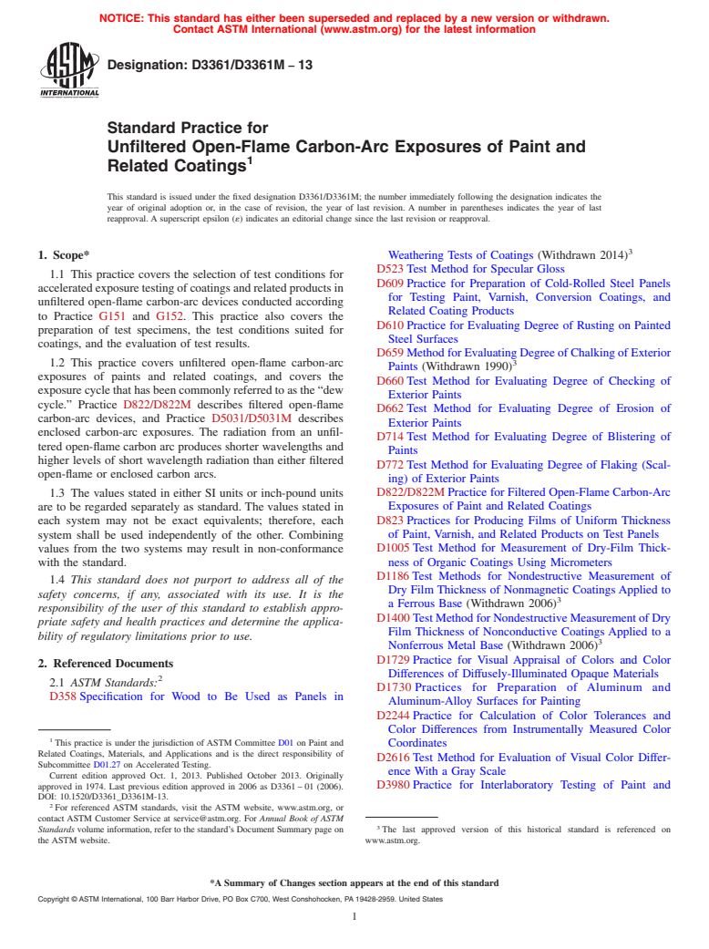 ASTM D3361/D3361M-13 - Standard Practice for Unfiltered Open-Flame Carbon-Arc Exposures of Paint and Related Coatings