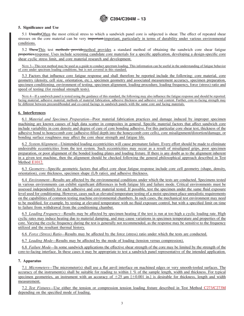 REDLINE ASTM C394/C394M-13 - Standard Test Method for Shear Fatigue of Sandwich Core Materials