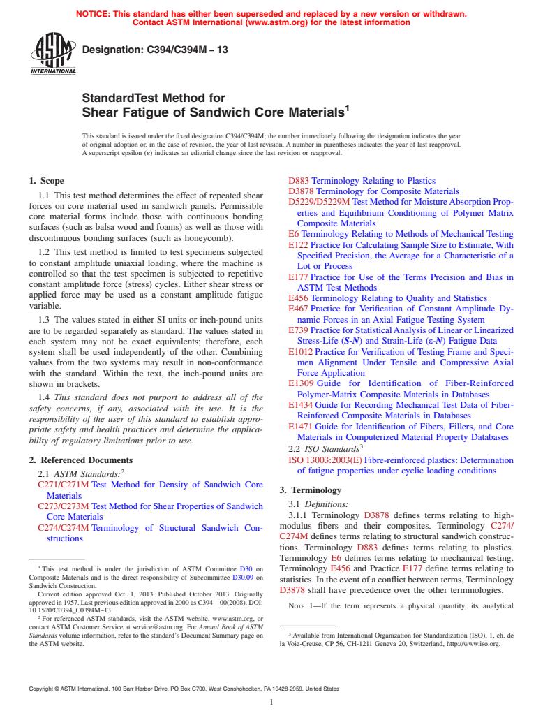 ASTM C394/C394M-13 - Standard Test Method for Shear Fatigue of Sandwich Core Materials