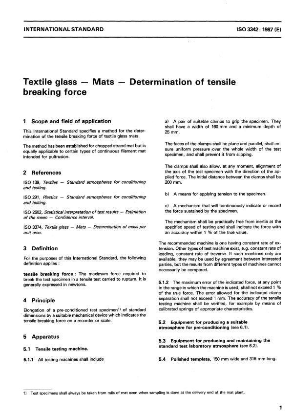 ISO 3342:1987 - Textile glass -- Mats -- Determination of tensile breaking force