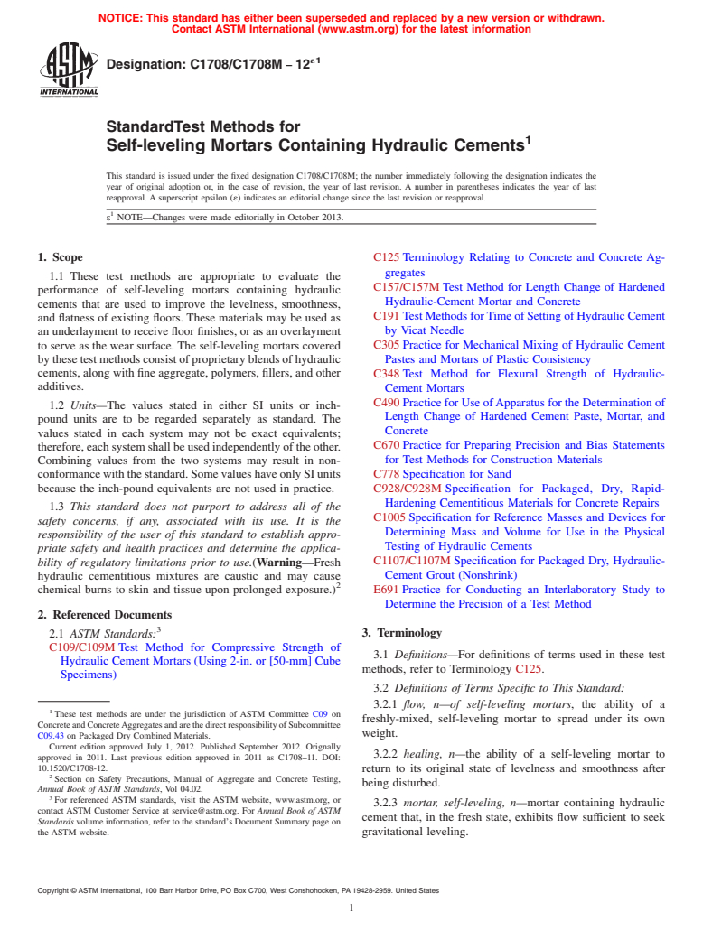 ASTM C1708/C1708M-12e1 - Standard Test Methods for Self-leveling Mortars Containing Hydraulic Cements