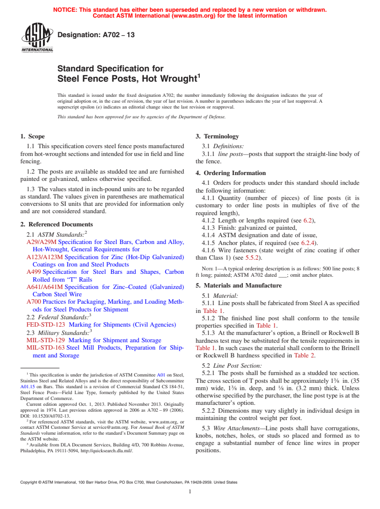 ASTM A702-13 - Standard Specification for  Steel Fence Posts, Hot Wrought
