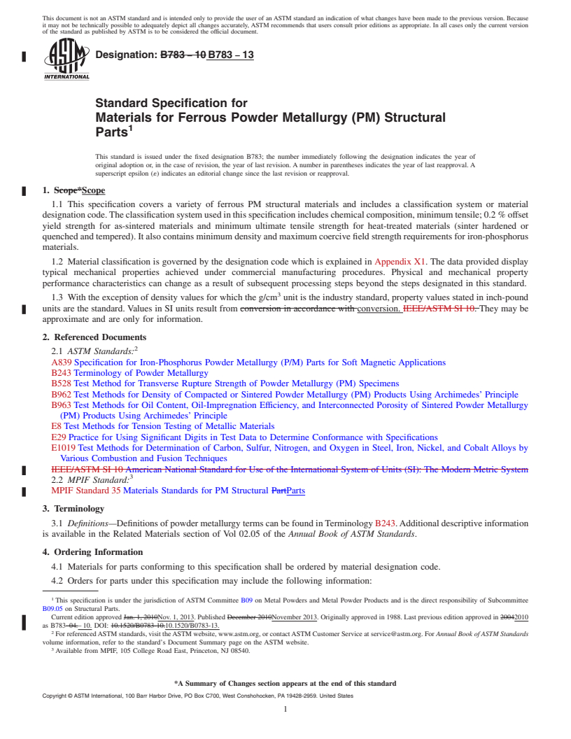 REDLINE ASTM B783-13 - Standard Specification for  Materials for Ferrous Powder Metallurgy (PM) Structural Parts