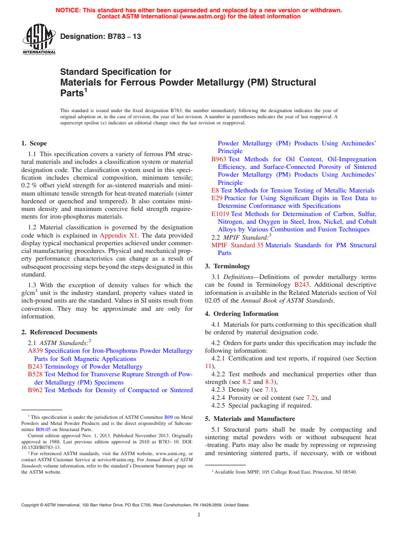 ASTM B783-13 - Standard Specification for  Materials for Ferrous Powder Metallurgy (PM) Structural Parts