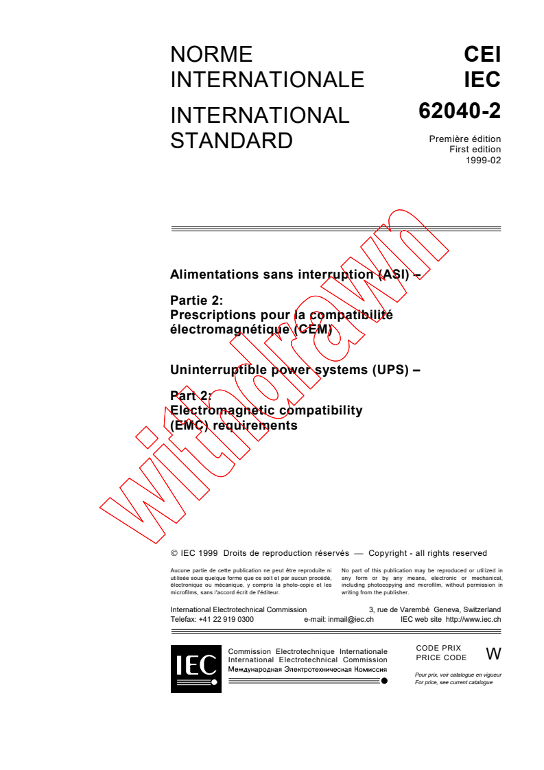 IEC 62040-2:1999 - Uninterruptible power systems (UPS) - Part 2: Electromagnetic compatibility (EMC) requirements
Released:2/26/1999
Isbn:2831846978