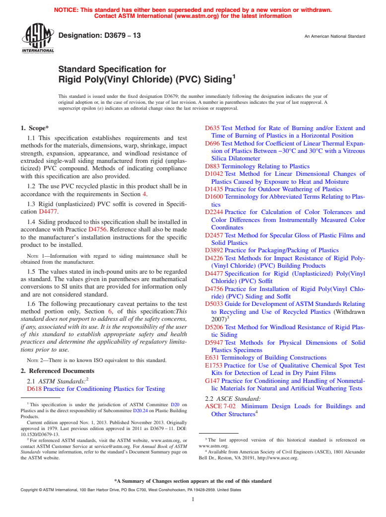 ASTM D3679-13 - Standard Specification for  Rigid Poly (Vinyl Chloride) (PVC) Siding