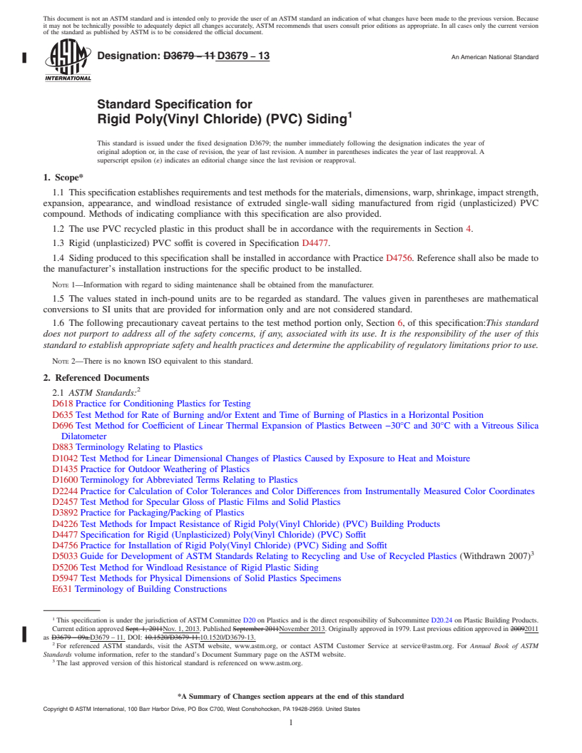 REDLINE ASTM D3679-13 - Standard Specification for  Rigid Poly (Vinyl Chloride) (PVC) Siding