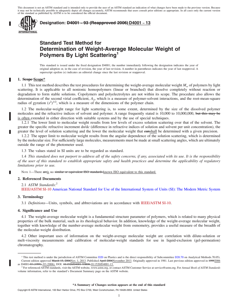 REDLINE ASTM D4001-13 - Standard Test Method for  Determination of Weight-Average Molecular Weight of Polymers  By Light Scattering