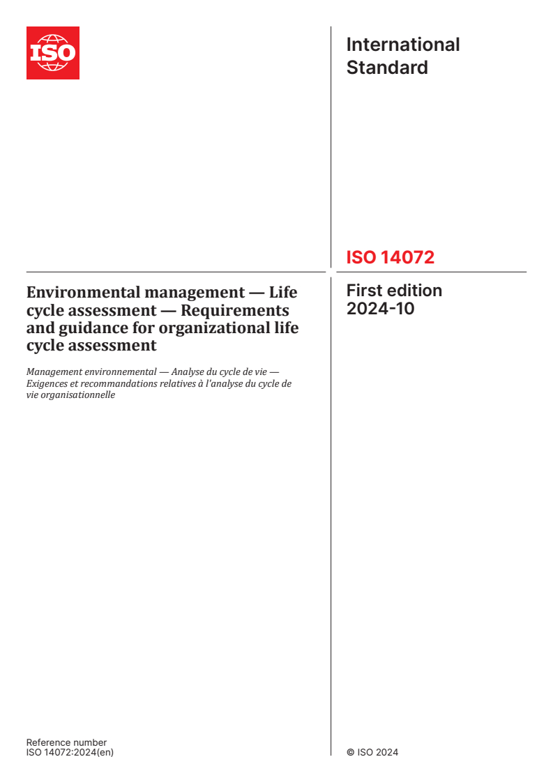 ISO 14072:2024 - Environmental management — Life cycle assessment — Requirements and guidance for organizational life cycle assessment
Released:10. 10. 2024