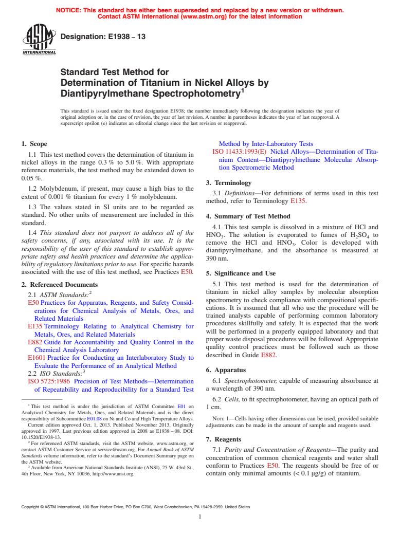 ASTM E1938-13 - Standard Test Method for  Determination of Titanium in Nickel Alloys by Diantipyrylmethane  Spectrophotometry