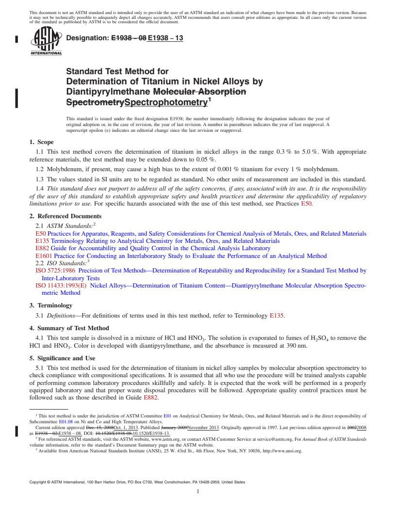 REDLINE ASTM E1938-13 - Standard Test Method for  Determination of Titanium in Nickel Alloys by Diantipyrylmethane  Spectrophotometry