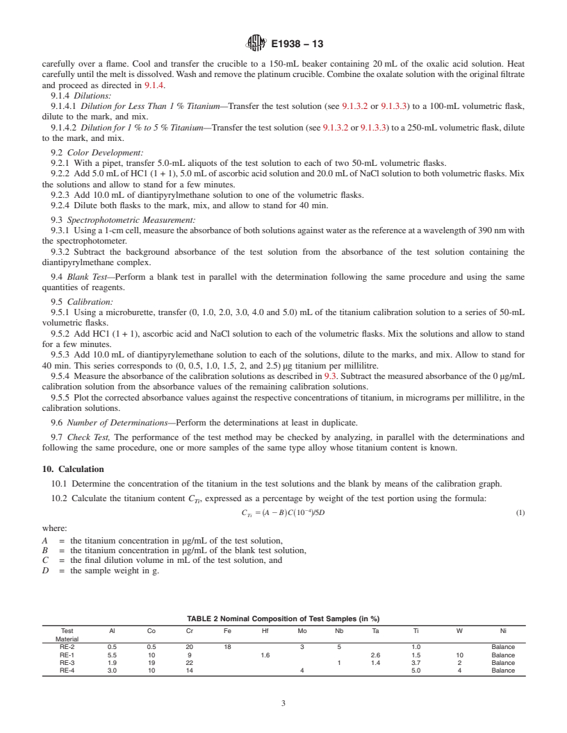 REDLINE ASTM E1938-13 - Standard Test Method for  Determination of Titanium in Nickel Alloys by Diantipyrylmethane  Spectrophotometry