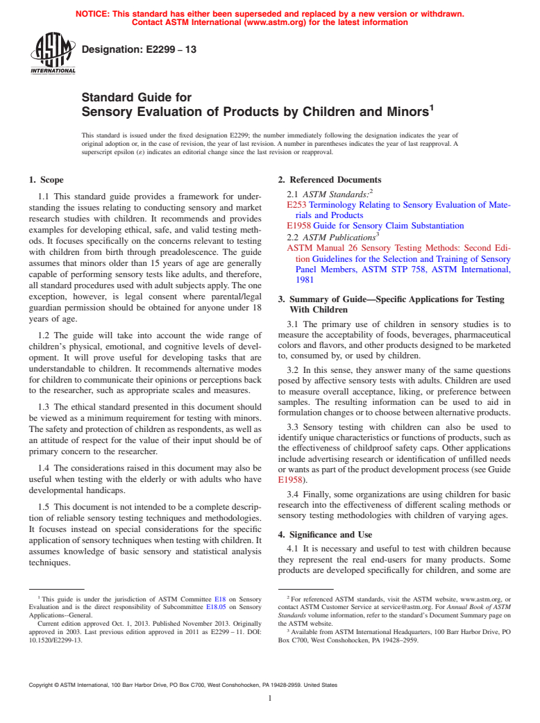 ASTM E2299-13 - Standard Guide for  Sensory Evaluation of Products by Children and Minors