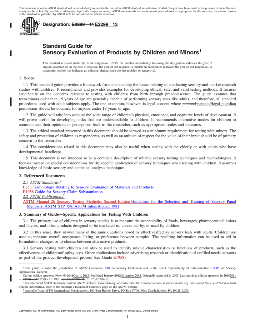 REDLINE ASTM E2299-13 - Standard Guide for  Sensory Evaluation of Products by Children and Minors