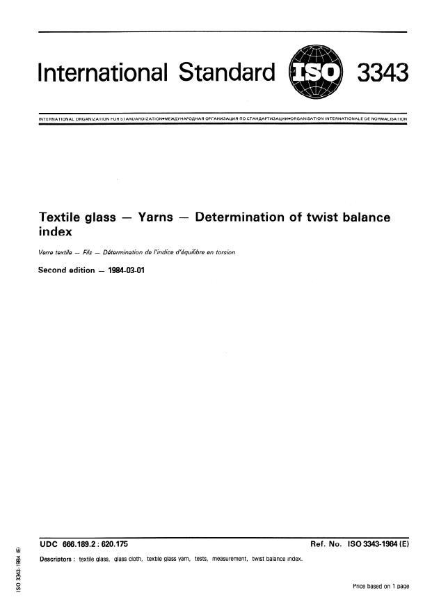 ISO 3343:1984 - Textile glass -- Yarns -- Determination of twist balance index