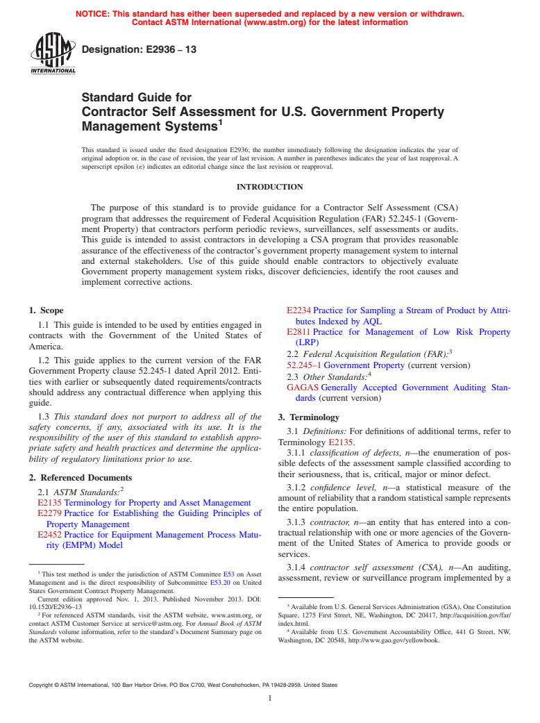 ASTM E2936-13 - Standard Guide for Contractor Self Assessment for U.S. Government Property Management  Systems