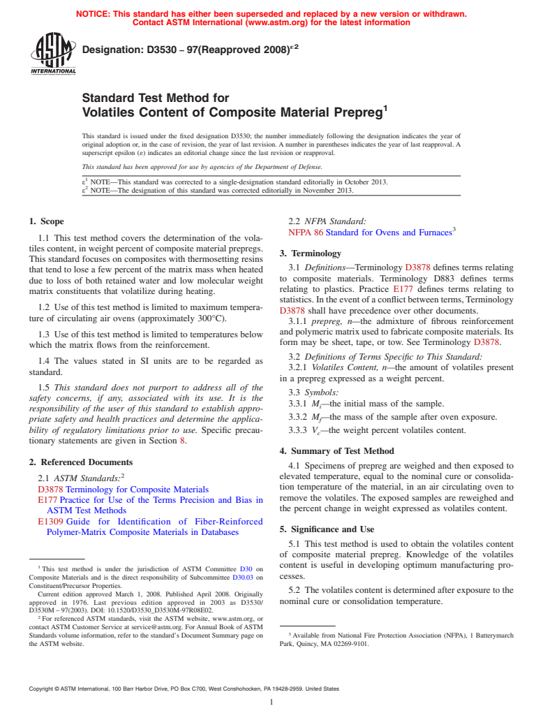 ASTM D3530-97(2008)e2 - Standard Test Method for Volatiles Content of Composite Material Prepreg