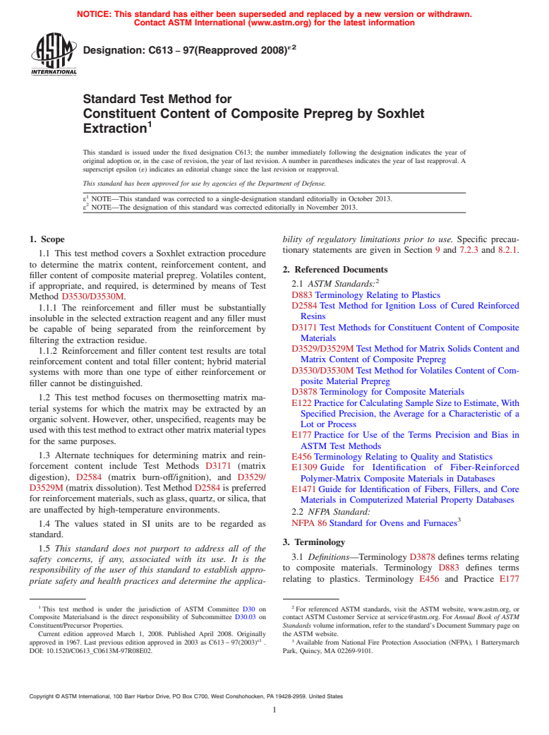 ASTM C613-97(2008)e2 - Standard Test Method for Constituent Content of Composite Prepreg by Soxhlet Extraction