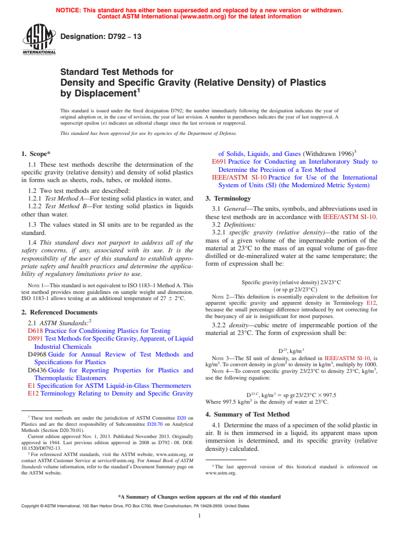 ASTM D792-13 - Standard Test Methods for  Density and Specific Gravity (Relative Density) of Plastics  by Displacement