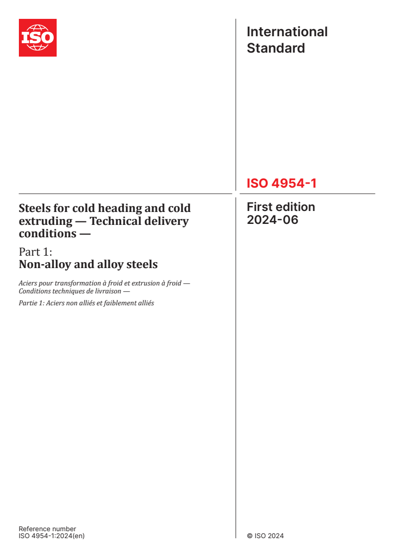 ISO 4954-1:2024 - Steels for cold heading and cold extruding — Technical delivery conditions — Part 1: Non-alloy and alloy steels
Released:19. 06. 2024
