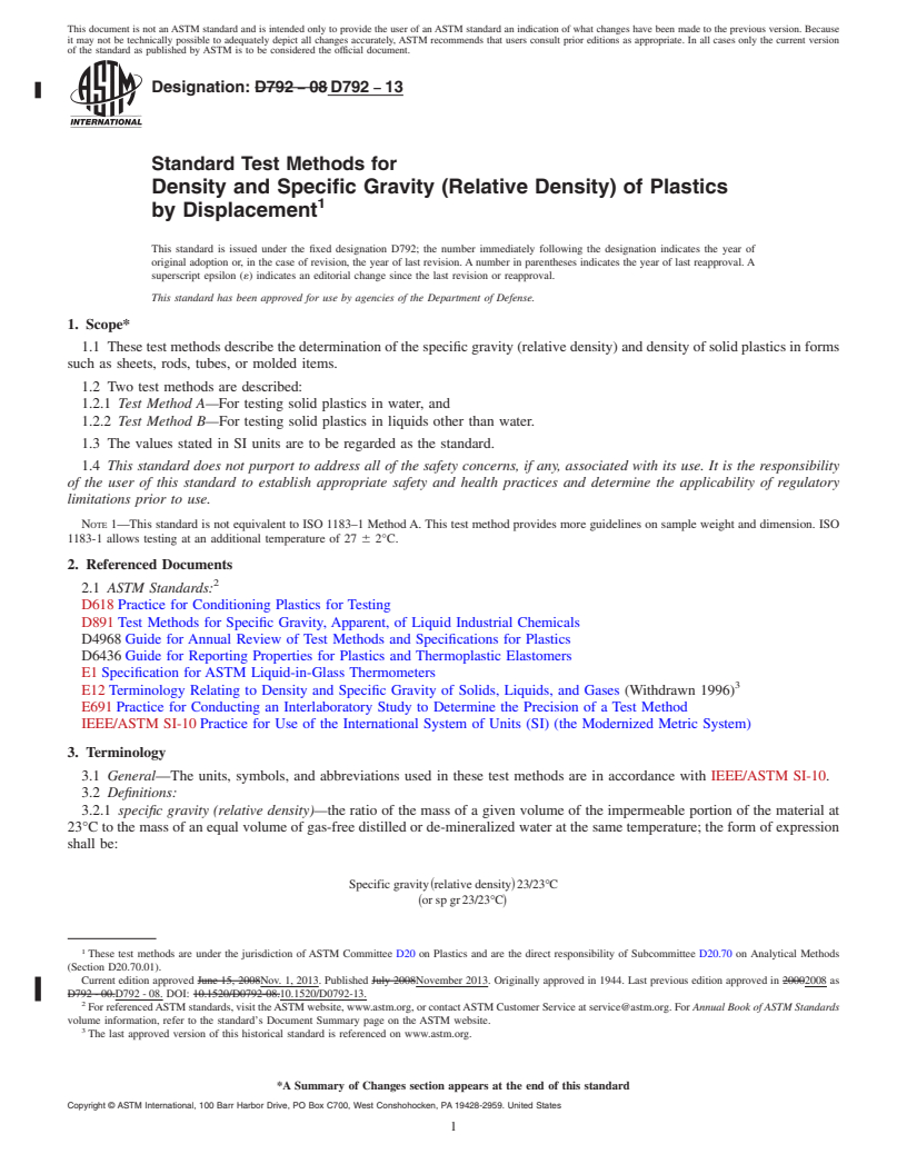 REDLINE ASTM D792-13 - Standard Test Methods for  Density and Specific Gravity (Relative Density) of Plastics  by Displacement