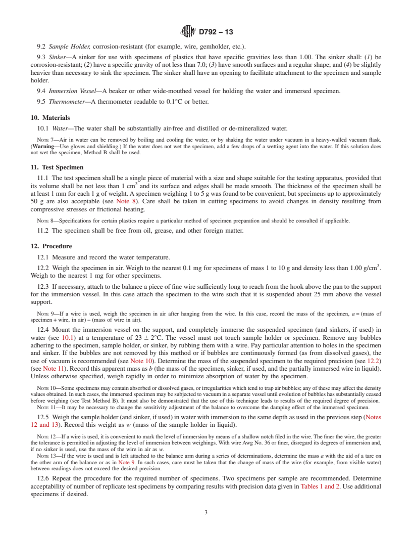 REDLINE ASTM D792-13 - Standard Test Methods for  Density and Specific Gravity (Relative Density) of Plastics  by Displacement