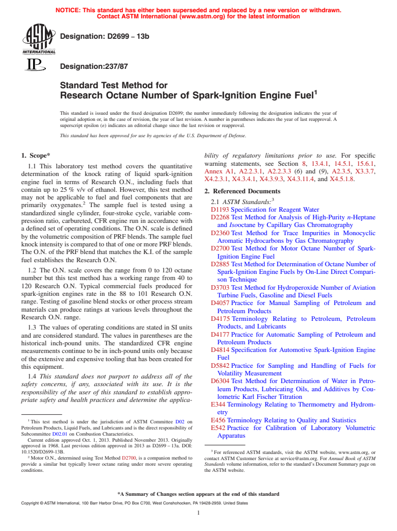 ASTM D2699-13b - Standard Test Method for Research Octane Number of Spark-Ignition Engine Fuel