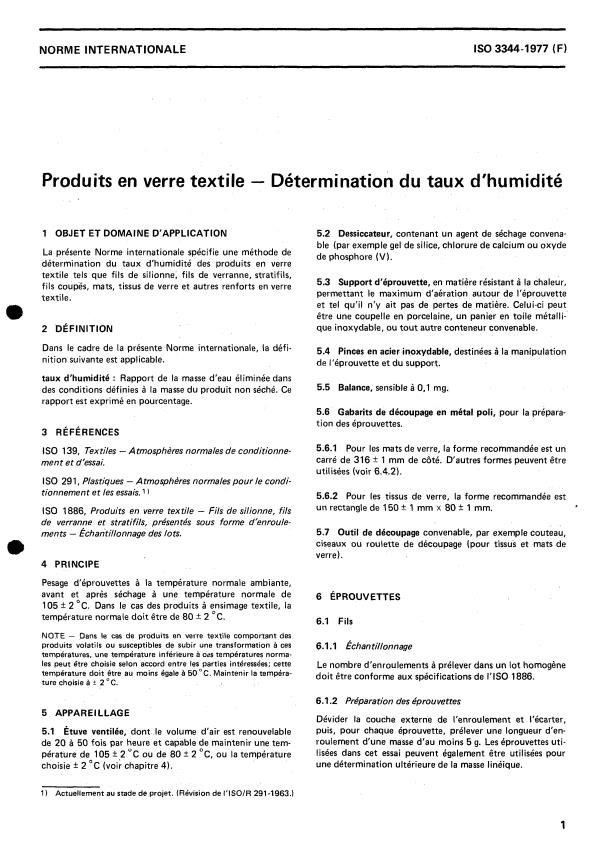 ISO 3344:1977 - Produits en verre textile -- Détermination du taux d'humidité