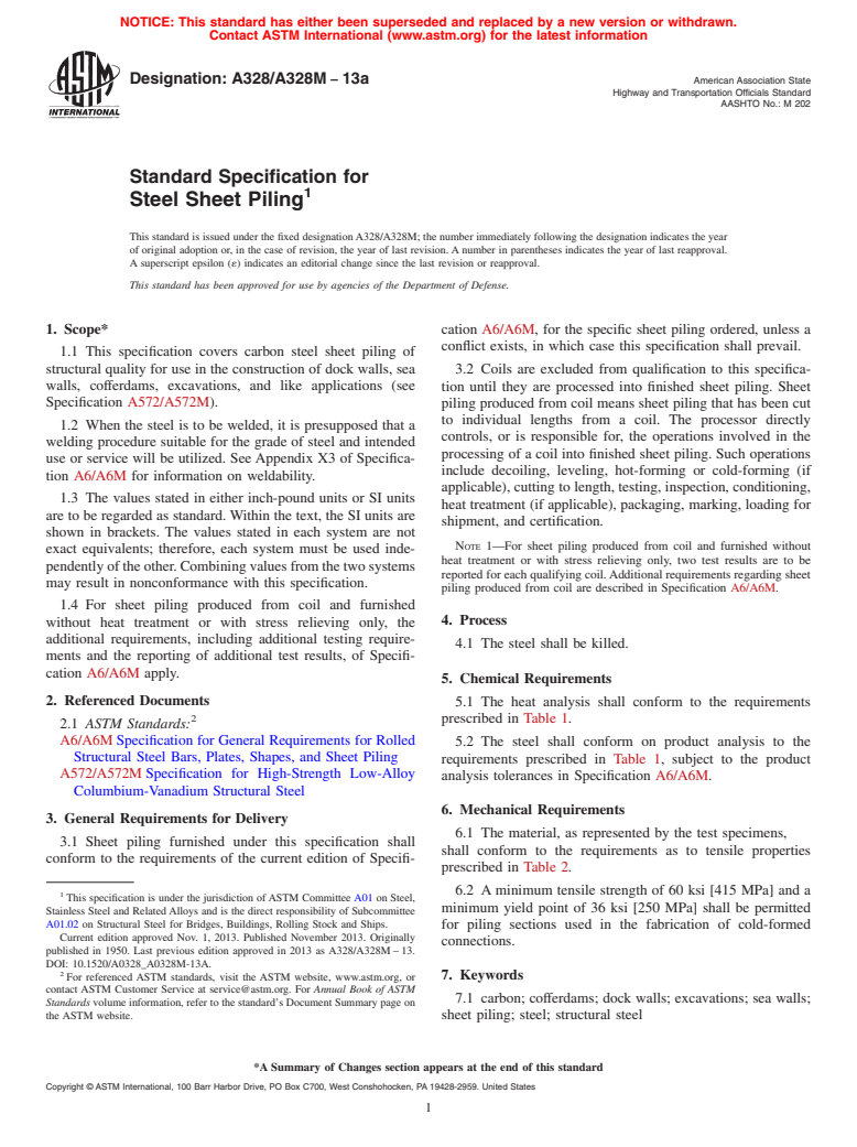 ASTM A328/A328M-13a - Standard Specification for  Steel Sheet Piling