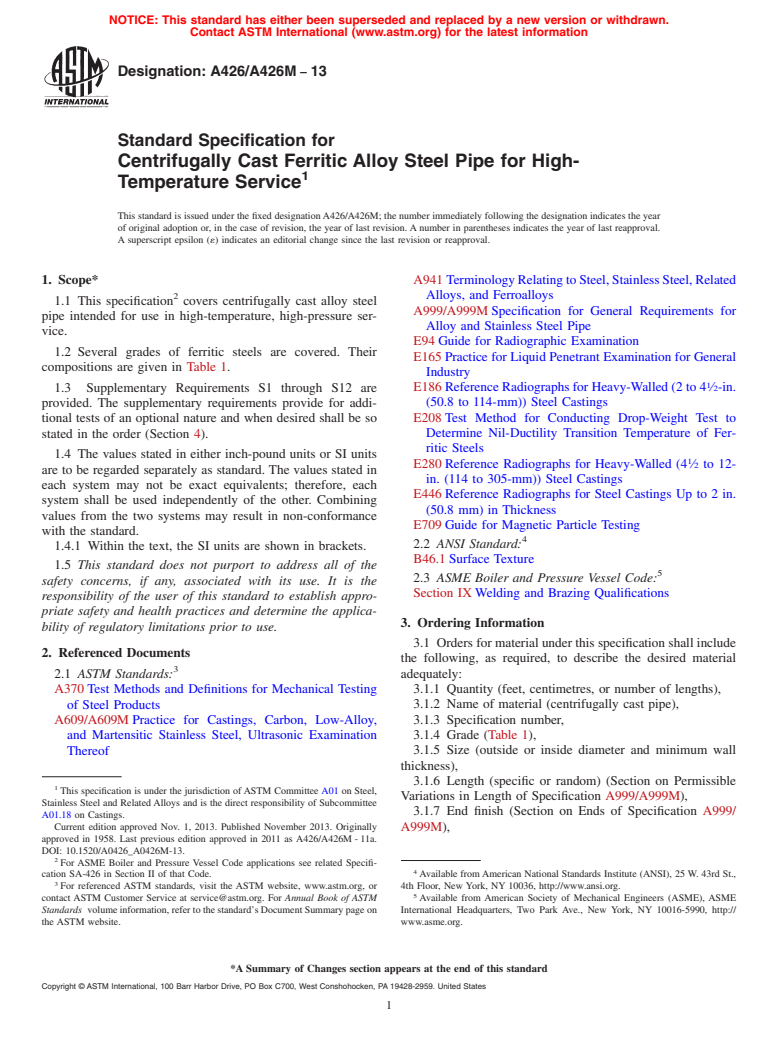 ASTM A426/A426M-13 - Standard Specification for  Centrifugally Cast Ferritic Alloy Steel Pipe for High-Temperature   Service